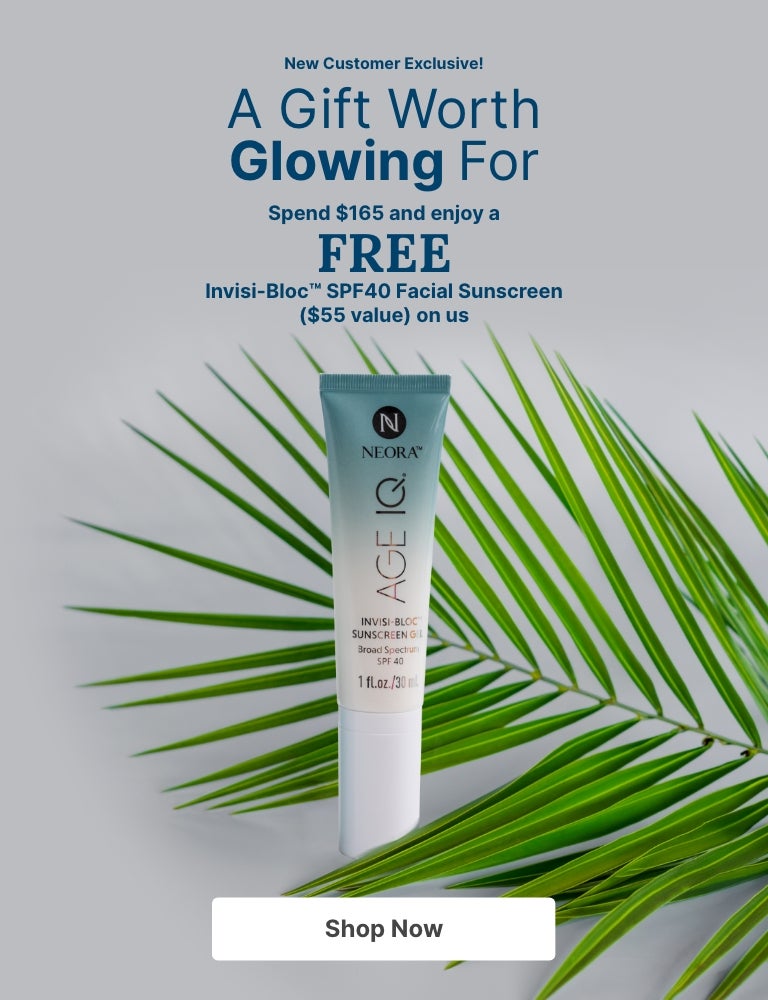 Alt text: New Customer Exclusive: Spend $165 and enjoy a FREE Invisi-Bloc SPF40 Facial Sunscreen ($55 value). Featured is an Invisi-bloc tube next to a palm tree branch.
